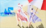  beach beach_umbrella bikini black_bikini blue_sarong fujiwara_no_mokou hair_ribbon kamishirasawa_keine long_hair multiple_girls pink_sarong print_sarong red_eyes ribbon sarong side_b striped striped_sarong swimsuit touhou translucent_sarong umbrella white_hair 