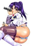  :p ass black_legwear blouse blue_hair blue_panties blush boots breasts brown_eyes gun gunparade_march handgun holding holding_gun holding_weapon large_breasts legs licking long_hair long_sleeves lying magazine_(weapon) naaga nipples no_pants on_side panties pistol police ponytail purple_hair shibamura_mai solo striped striped_panties thighhighs thighs tongue tongue_out underwear uniform weapon 