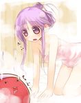  bath happiness! kashiwamochi_yomogi male_focus naked_towel nipple_slip nipples otoko_no_ko purple_eyes purple_hair solo towel watarase_jun 