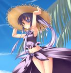  armpits arms_up barasuishou day doll_joints eyepatch from_below hair_ribbon hat leaf long_hair navel panties ponytail purple_hair ribbon rozen_maiden shimakaze sky solo straw_hat sun_hat sunlight thighs underwear yellow_eyes 