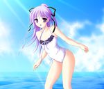  casual_one-piece_swimsuit cloud day erection frilled_swimsuit frills hair_ribbon halterneck happiness! highres kakesu leaning_forward lens_flare light_rays male_focus ocean one-piece_swimsuit open_mouth otoko_no_ko outdoors ponytail purple_eyes purple_hair ribbon sky smile solo sunbeam sunlight swimsuit watarase_jun water 