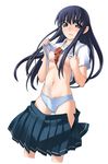  black_eyes black_hair blouse blue_panties blush breasts chikugen_shiina futami_eriko kibina_high_school_uniform kimi_kiss long_hair medium_breasts miniskirt nipples open_clothes open_skirt panties pleated_skirt ribbon school_uniform shirt_lift skirt skirt_pull solo standing striped striped_panties underwear undressing what 