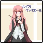  black_dress cape character_name dress holding holding_wand long_hair long_sleeves louise_francoise_le_blanc_de_la_valliere pentacle pink_eyes pink_hair rounded_corners salty_(cherrypie) shirt solo wand white_background zero_no_tsukaima 