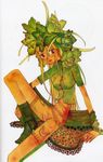  blush boots brown_hair buttons food green_shirt high_heels highres leaf long_hair looking_at_viewer okama okamax plant red_eyes salad scan shirt short_sleeves shorts simple_background sitting smile solo vegetable very_long_hair white_background 