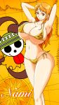  1girl ass barefoot bikini breasts cleavage curvy feet hip_focus huge_breasts large_breasts long_hair nami_(one_piece) navel one_piece orange_hair smile stomach swimsuit thick_thighs thighs wide_hips 