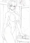  ayanami_rei breasts cameltoe casual_one-piece_swimsuit cleavage covered_nipples cowboy_shot curvy greyscale impossible_clothes impossible_swimsuit large_breasts mogudan monochrome neon_genesis_evangelion one-piece_swimsuit scan short_hair sketch solo swimsuit 