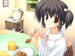  black_hair curry eating food game_cg long_sleeves mitsumi_misato orange_juice red_eyes solo table to_heart_2 twintails yuzuhara_konomi 