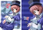 blue blue_background brown_eyes brown_hair character_name frills frown green_eyes hat heterochromia long_sleeves pants rozen_maiden shawl shinshin short_hair solo souseiseki top_hat 