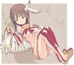  blush boots brown_eyes brown_hair choker copyright_request elbow_gloves feathers gloves lying no_bra on_back panties pink_panties short_hair solo thigh_boots thighhighs tougetsu_gou underwear 