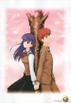  1girl brown_eyes couple emiya_shirou fate/stay_night fate_(series) hair_ribbon hetero holding_hands homurahara_academy_uniform long_sleeves matou_sakura purple_eyes purple_hair red_hair ribbon school_uniform shirotsumekusa 