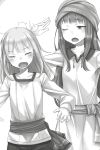  2girls ayakura_juu collarbone dress eyebrows_visible_through_hair eyes_closed fang greyscale highres holo long_hair long_sleeves monochrome mother_and_daughter multiple_girls myuri_(spice_and_wolf) novel_illustration official_art one_eye_closed open_mouth shiny shiny_hair shirt simple_background spice_and_wolf standing white_background 