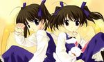  brown_hair futakoi hinagiku_lala hinagiku_lulu long_sleeves multiple_girls purple_eyes sasaki_mutsumi siblings sisters twins 