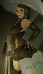  alien1452 breasts copyright_request covered_nipples glasses gloves highres large_breasts latex leather long_hair miniskirt rain skirt solo thighhighs umbrella zettai_ryouiki 