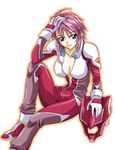  blue_eyes bodysuit breasts cleavage gundam gundam_seed gundam_seed_destiny helmet large_breasts lunamaria_hawke mikage_nao pilot_suit purple_hair red_bodysuit short_hair solo 