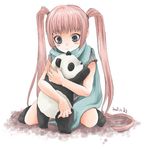  black_eyes dated kubyou_azami long_hair lowres original panda pink_hair scarf socks solo twintails 