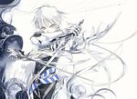  armor belt blue_eyes copyright_request dual_wielding gauntlets holding male_focus pale_color pose silver_(color) solo spiegeln_sie_silber sumi_keiichi sword weapon white white_background white_hair 