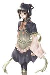  black_hair blue_eyes bow bowtie brooch capelet expressionless gensou_suikoden gensou_suikoden_v jewelry knee_pads long_sleeves lyon parted_lips pink_bow ribbon short_hair simple_background skirt solo standing white_background 