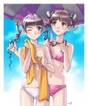  2girls :p ;( beach_umbrella bikini blue_sky blush breasts brown_eyes brown_hair cameltoe cleavage cloud collarbone cowboy_shot dated day drill_hair fukuzawa_yumi hair_bobbles hair_ornament hair_twirling maria-sama_ga_miteru matsudaira_touko midriff multiple_girls navel outdoors playing_with_another's_hair polka_dot polka_dot_bikini polka_dot_swimsuit purple_eyes red_bikini sameha_ikuya sky small_breasts standing swimsuit tongue tongue_out towel two_side_up umbrella white_bikini 