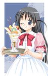  artist_request black_hair blue_eyes bow food ice_cream long_hair one_eye_closed parfait pocky puffy_sleeves ribbon school_rumble smile solo striped tongue tsukamoto_tenma two_side_up waitress 