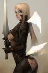  alien1452 angel armor blonde_hair breasts copyright_request large_breasts leather long_hair low_wings solo sword weapon wings 
