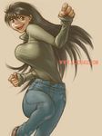  alien1452 black_hair bouncing_breasts breasts copyright_request denim jeans large_breasts long_hair long_sleeves pants solo 