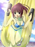  bikini blue_bikini breasts cloud day front-tie_top gakky hanging_breasts kimi_kiss large_breasts lens_flare navel open_mouth raft sakino_asuka sandals sky solo swimsuit thigh_gap 