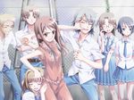  4girls albino blonde_hair blue_eyes blue_hair brother_and_sister brown_eyes brown_hair closed_eyes cross_channel dress everyone female_pervert game_cg glasses head_on_butt kirihara_touko kurosu_taichi long_hair matsuryuu miyasumi_misato multiple_boys multiple_girls necktie pervert sakura_kiri sakuraba_hiroshi school_uniform shima_tomoki short_hair siblings skirt smile tan tsundere white_hair yamanobe_miki yuri 