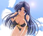  bikini blind blue_eyes blue_hair blush breasts cleavage day kawana_misaki large_breasts long_hair one solo swimsuit wet yamu_(reverse_noise) 