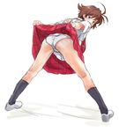  ass back bent_over black_legwear blouse blue_eyes blush brown_hair copyright_request legs looking_back minato_fumi panties plaid plaid_skirt pleated_skirt shoes short_hair skirt skirt_lift socks solo spread_legs standing underwear white_panties 