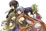  3girls breasts eyepatch freyjadour_falenas gensou_suikoden gensou_suikoden_v georg_prime hair_ribbon long_sleeves looking_at_viewer lymsleia_falenas lyon medium_breasts multiple_girls one_eye_closed ribbon sialeeds_falenas tress_ribbon 