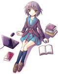  bangs blue_sailor_collar book cardigan computer kita_high_school_uniform kneehighs kotonemaru laptop long_sleeves nagato_yuki sailor_collar school_uniform serafuku short_hair socks solo suzumiya_haruhi_no_yuuutsu 