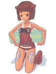  brown_eyes brown_hair copyright_request covered_navel one-piece_swimsuit one-piece_tan short_hair solo swimsuit tan tanline tougetsu_gou 