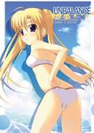  bikini blonde_hair blue_background cameltoe cloud copyright_request day long_hair looking_back outdoors purple_eyes sidelocks sky solo swimsuit to-ya_(to-ya_can) twintails white_bikini 