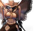  bare_shoulders belt black_gloves black_hair breasts cape copyright_request cowboy_hat drawing_gun fringe_trim garter_belt gloves gun handgun hat holster huge_breasts midriff nekkeau revolver short_hair solo unaligned_breasts weapon western white_eyes 