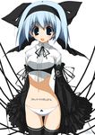  belt black_legwear blouse blue_eyes blue_hair blush body_writing bow bow_panties bowtie buckle cropped_jacket detached_sleeves frills hair_bow hairband large_bow long_sleeves midriff no_pants original panties ribbon short_hair solo standing suzuri_(tennenseki) thighhighs underwear white_panties 