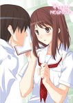  1girl black_hair blush book brown_eyes brown_hair character_name galore holding holding_book hoshino_yuumi kibina_high_school_uniform kimi_kiss looking_at_another neckerchief open_book parted_lips school_uniform shirt short_sleeves solo_focus upper_body white_shirt 