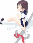  blush brown_eyes brown_hair copyright_request frown kneehighs loafers looking_to_the_side sailor_collar school_uniform shirt shoes short_hair short_sleeves sitting solo tougetsu_gou white_legwear white_shirt 