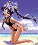  26_(sister_freedom) beach blue_eyes blush casual_one-piece_swimsuit character_request circlet day hair_ribbon kneeling leaning_forward navel one-piece_swimsuit outdoors purple_hair ribbon shadow sister_princess solo swimsuit twintails wet 