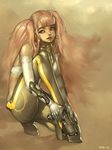  alien1452 armor boots bra copyright_request gloves gun knife lace lingerie pink_hair science_fiction solo twintails underwear weapon 