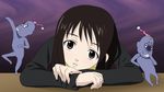  bob_cut brown_eyes brown_hair dancing face head_on_table hikikomori_alien long_sleeves looking_at_viewer monster nakahara_misaki nhk_ni_youkoso! parted_lips purple_background sanshita short_hair simple_background solo table upper_body 