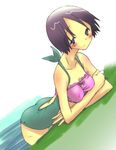 bent_over blush casual_one-piece_swimsuit copyright_request crossed_arms dutch_angle halterneck jakou_nezumi one-piece_swimsuit purple_hair short_hair smile solo swimsuit wading water 