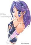  2001 blue_eyes breasts carina_(xiaowoo) character_request cleavage copyright_request earrings elbow_gloves facial_mark facial_tattoo from_above gloves hairband jewelry long_hair medium_breasts no_bra purple_hair smile solo tattoo white_gloves 
