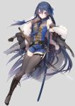  1girl belt blue_hair boots braid commentary_request elbow_gloves fingerless_gloves full_body fur_trim gloves highres katana long_hair original purple_eyes sheath sheathed simple_background sleeveless solo sword thighhighs tobacco_(tabakokobata) very_long_hair weapon 