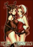  aerith_gainsborough animal_ears antlers bdsm bell bell_earrings belt black_gloves black_legwear bondage bound brown_hair buckle chain christmas collar cuffs deer_ears earrings elbow_gloves final_fantasy final_fantasy_vii gloves hat jewelry kemonomimi_mode leash lingerie long_hair looking_at_viewer low-tied_long_hair merry_christmas multiple_girls red_background riding_crop santa_costume santa_hat see-through snowflakes suhara_(protea) teddy thighhighs tifa_lockhart underwear whip 