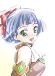  :d bangs bare_shoulders blue_hair blunt_bangs bow brooch detached_sleeves earrings green_eyes hair_bow jewelry looking_at_viewer mamiina open_mouth red_bow short_hair simoun smile solo uniform upper_body 