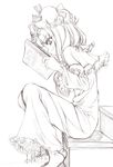  barefoot blush book dress frills greyscale hands hat long_hair long_sleeves monochrome patchouli_knowledge profile reading sin-go sitting sketch solo stairs touhou 