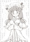  blush book book_hug frills greyscale hat holding holding_book long_hair long_sleeves monochrome patchouli_knowledge sin-go solo striped touhou translated 