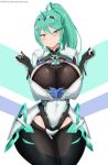  1girl armor bangs blush breasts cleavage curvy elbow_gloves gem gloves green_eyes green_hair hair_ornament headpiece highres jewelry kainkout large_breasts long_hair looking_at_viewer nintendo pneuma_(xenoblade_2) ponytail pose simple_background smile solo spoilers swept_bangs thighhighs tiara very_long_hair white_background xenoblade_(series) xenoblade_2 