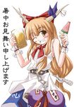  alcohol bare_shoulders beer belt blue_ribbon bottle bow buttons chain eyebrows_visible_through_hair fringe_trim grin horn_ribbon horns ibuki_suika koto long_hair low-tied_long_hair lowres neck_ribbon object_namesake one_eye_closed orange_eyes orange_hair red_bow red_ribbon ribbon shirt sleeveless sleeveless_shirt smile solo tail touhou white_background white_shirt wrist_cuffs yellow_eyes 