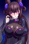  1girl bangs beads black_dress blush breasts brown_hair curly_hair double_bun dress eyebrows_visible_through_hair fate/grand_order fate_(series) frills frown gem glasses hair_between_eyes hair_ornament large_breasts long_hair long_sleeves murasaki_shikibu_(fate) puffy_sleeves purple_eyes solo string striped_clothes zantyarz 